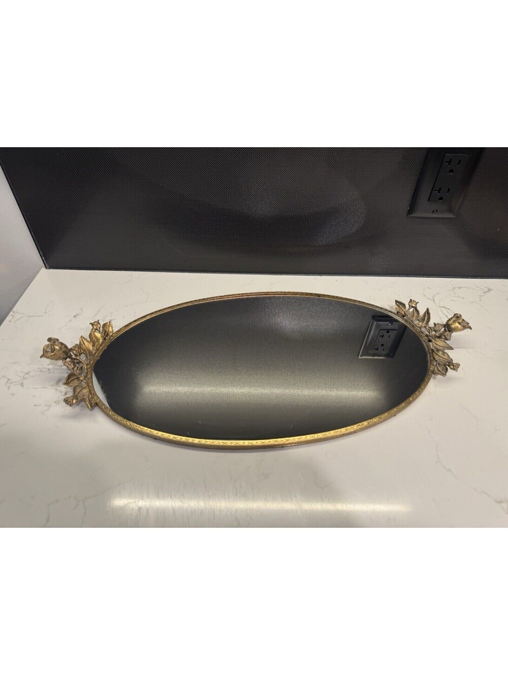 Vintage 19” Oval Mirrored Vanity Tray Gold Plates Rose Handles Inlaid Petals